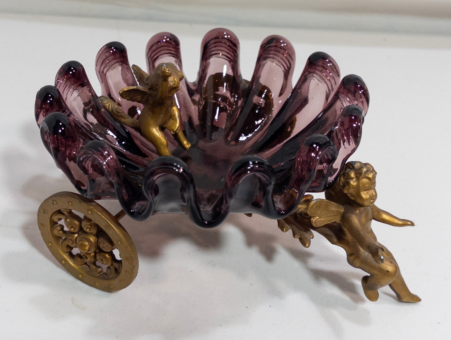 Antique Italian Cherub Chariot and Amethyst Blown Glass Ruffled Bowl Dish
