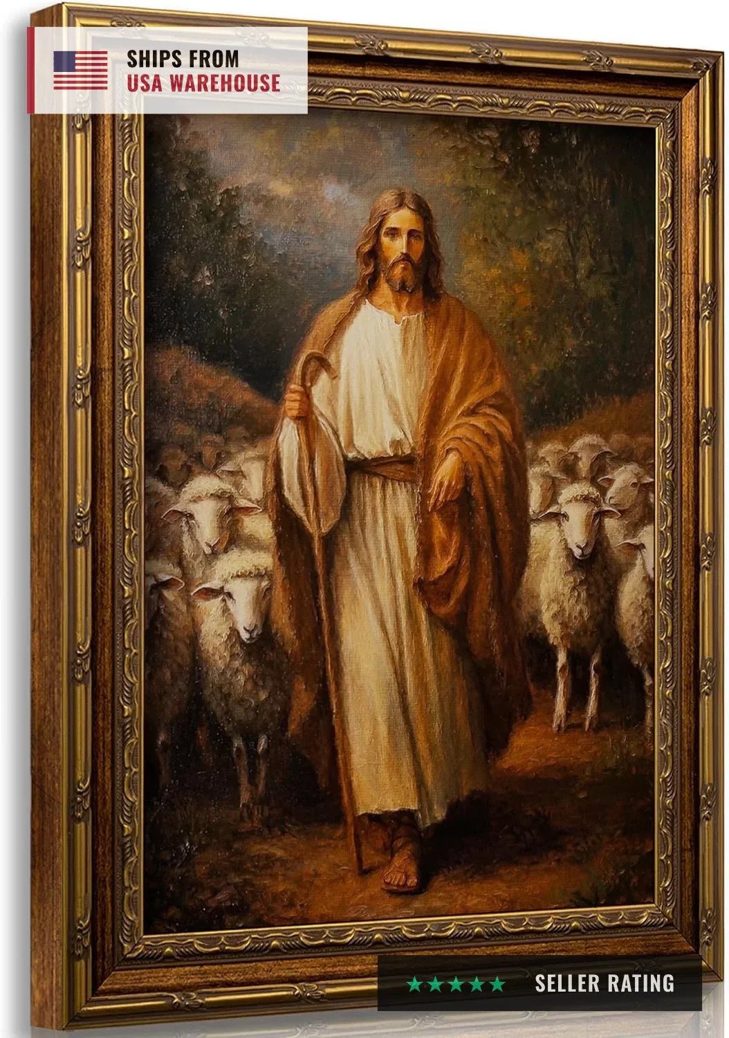 Vintage Gold Framed Wall Art Jesus and Lamb canvas wall decor Christian Jesus Sh