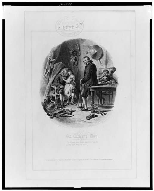 Old Curiosity Shop,c1873,Old man holding girl,armor on floor,Felix Darley