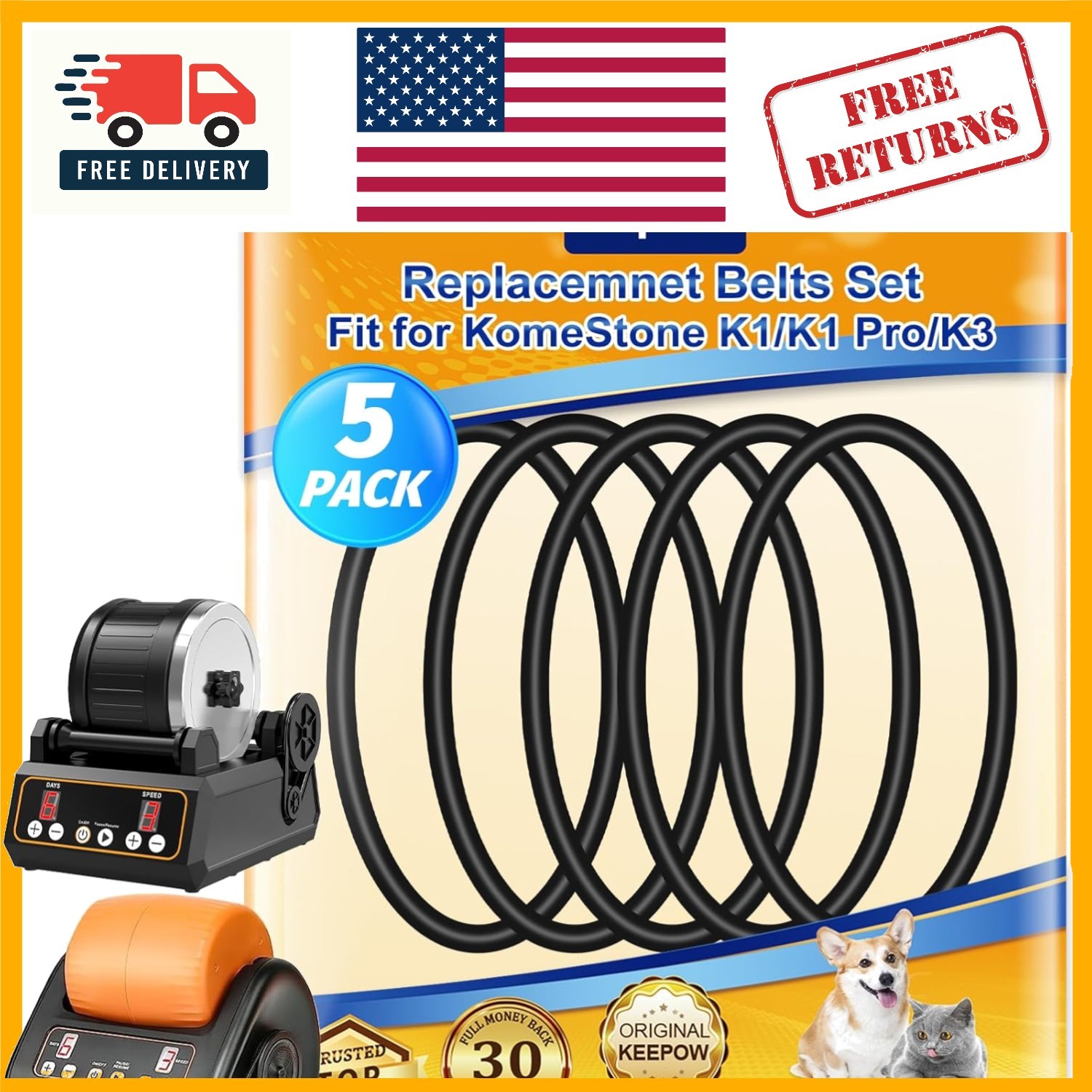 Rock Tumbler Belts Set - 5 High-Quality Rubber Replacement Belts for KomeStone