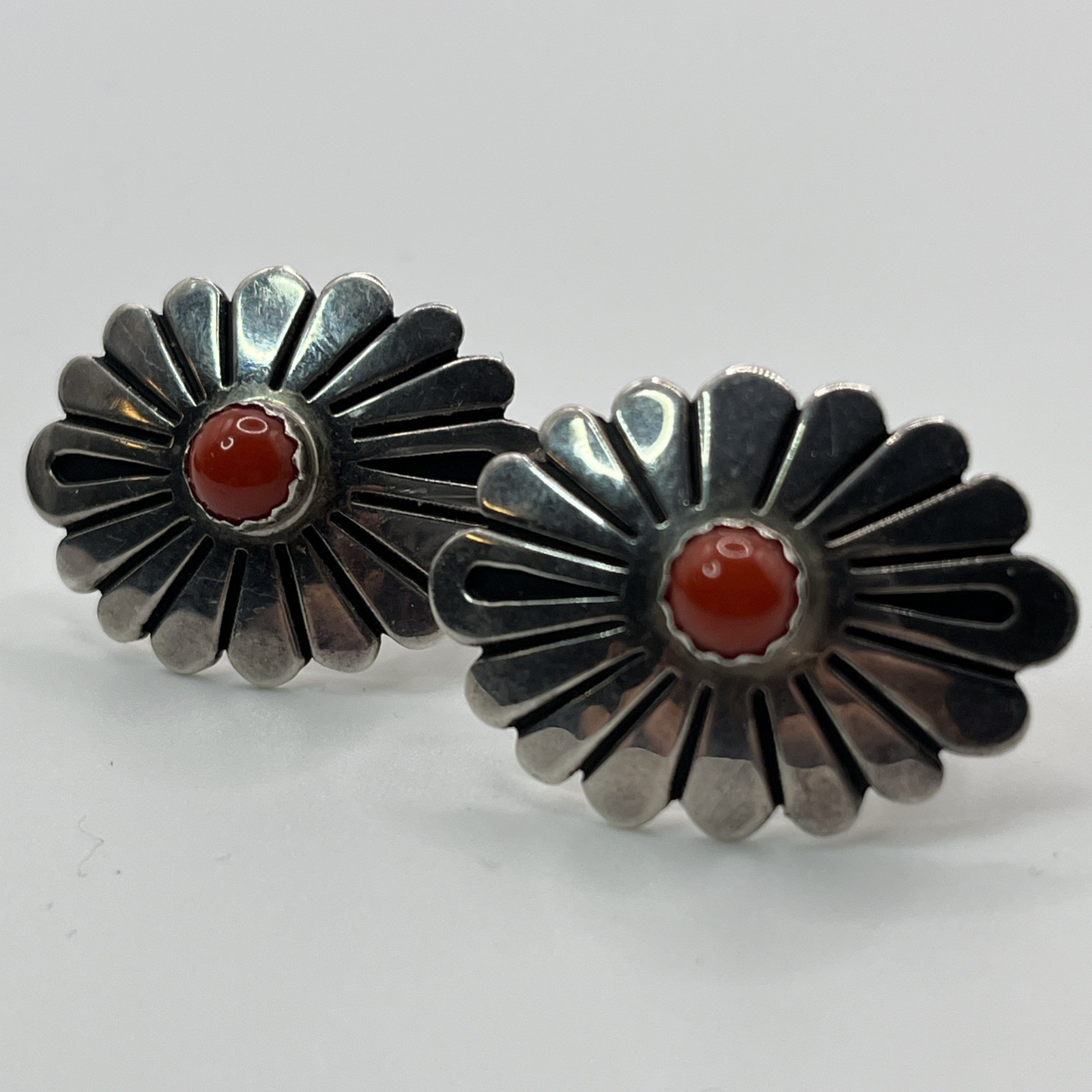 Vintage Federico Jimenez Sterling Silver Red Coral Concho ClipOn Earrings Signed