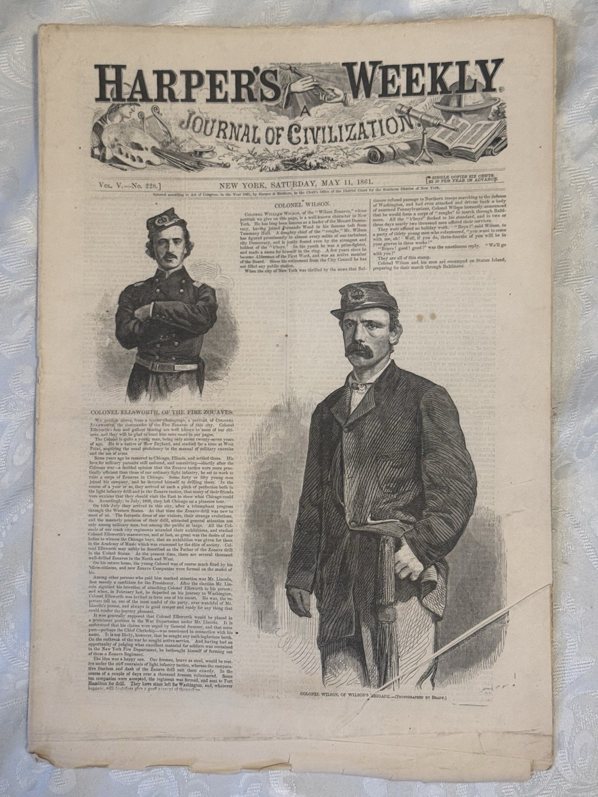 Harper's Weekly May 11, 1861 Original Complete Colonel Ellsworth And Wilson