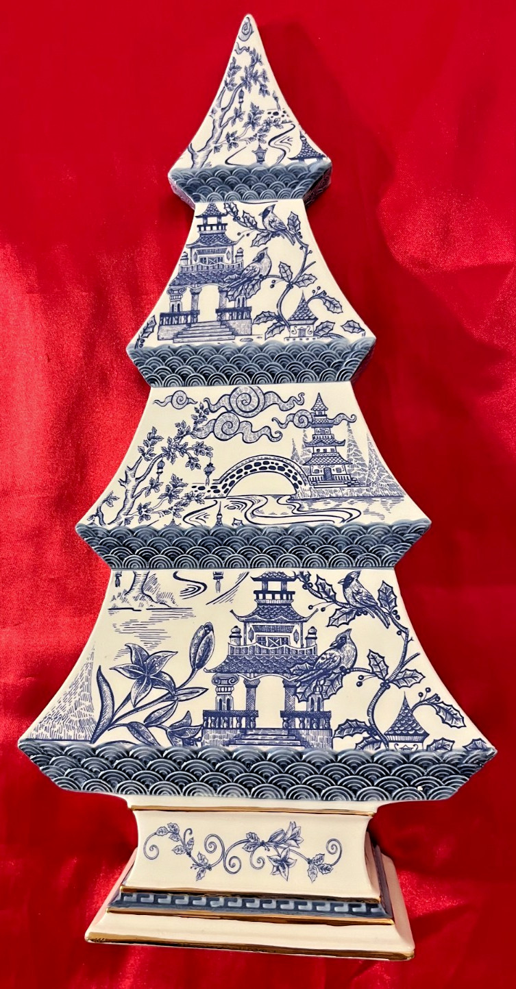 Vintage Two\'s Company 12 1/4 inch WILLOW STYLED Blue  Porcelain CHRISTMAS TREE