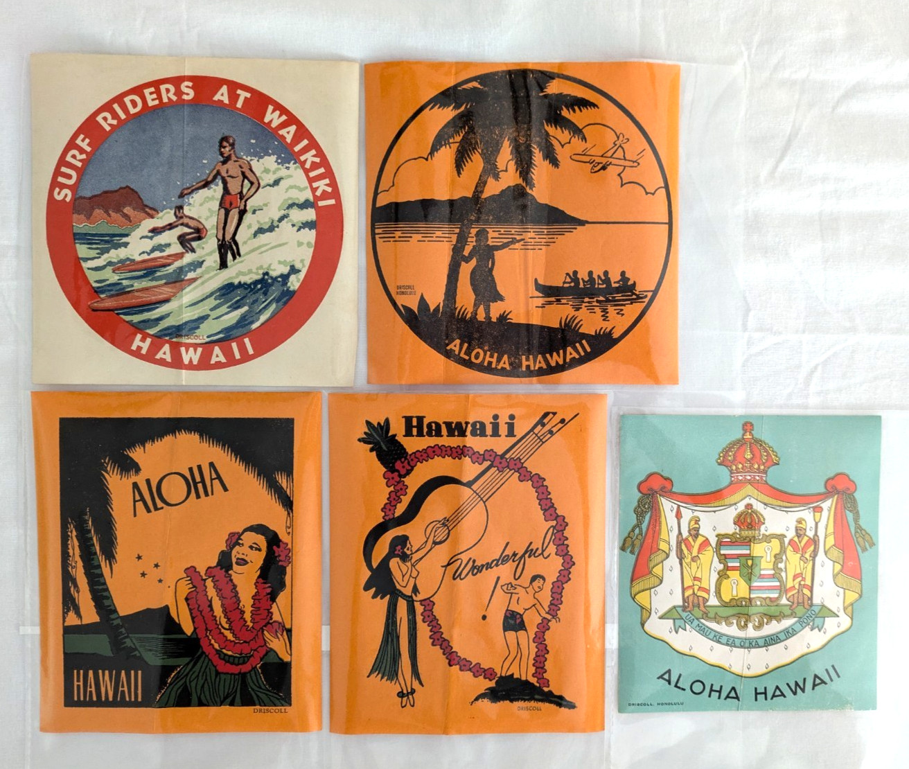 5 Vintage 1940s Hawaii Travel Waterslide Decals Driscoll Honolulu Souvenir Lot