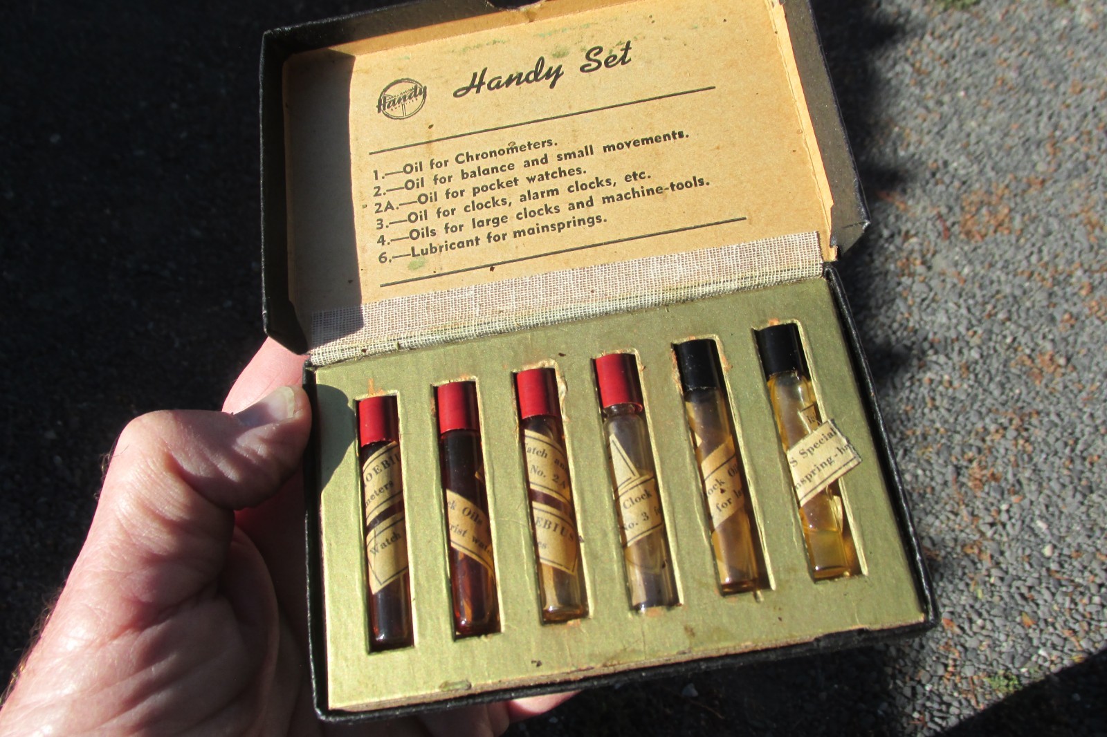 Antique HANDY OIL SET - mini bottles with original display box - Rare