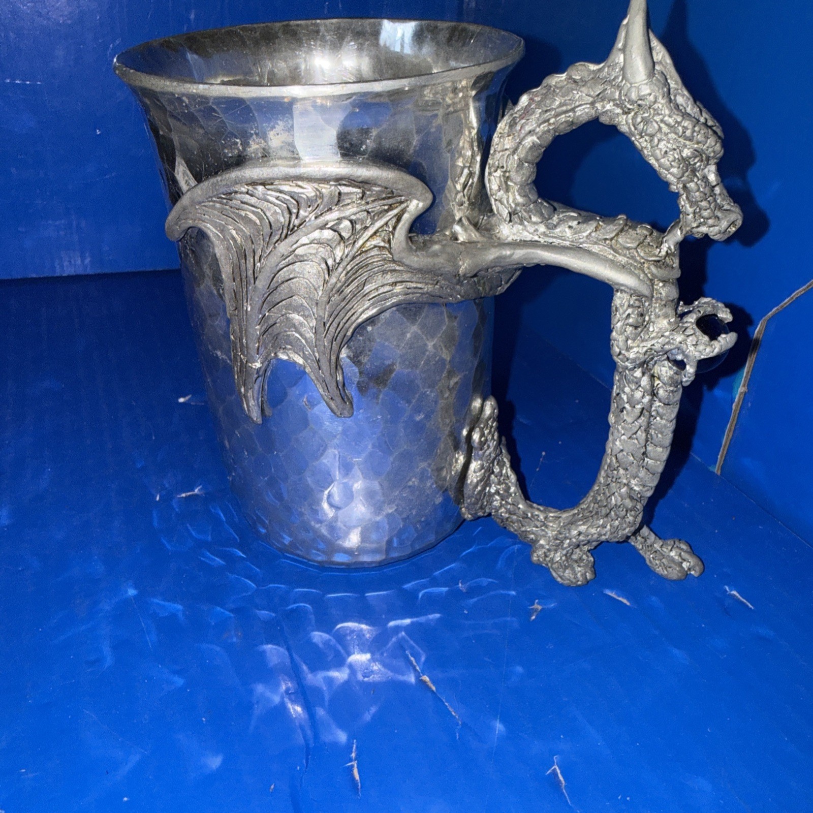 Fellowship Foundry Hammered Pewtr Stein W/Dragon Handle & Purple Stone5.5”