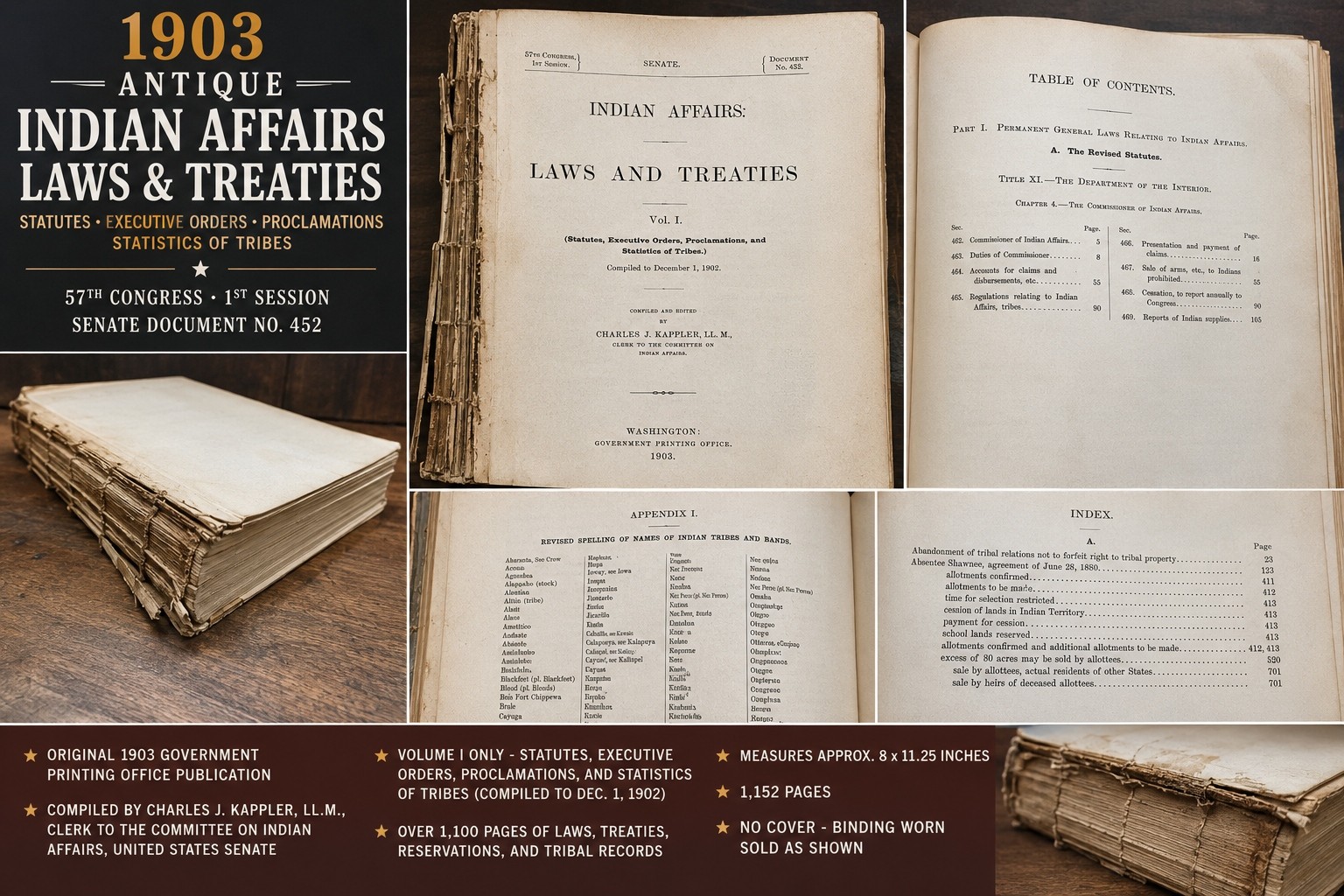 1903 antique INDIAN AFFAIRS LAWS TREATIES RESERVATIONS TRIBES HISTORY govt 1152p