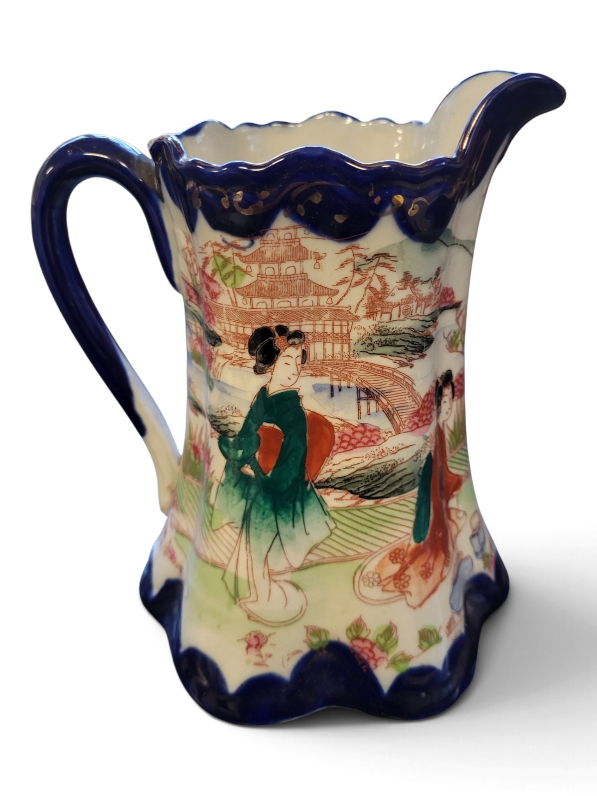 Vintage Japanese Porcelain Geisha Pitcher Cobalt Blue Hand Painted Scenic Jug