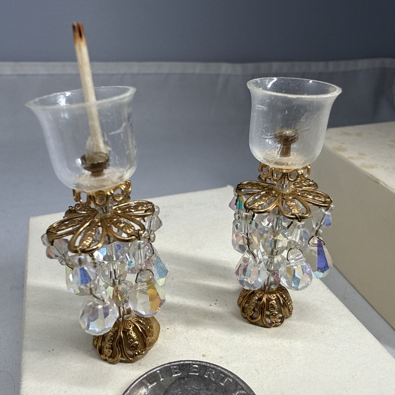 Vintage Artisan Miniature Crystal Prism Lustre Lamps Pair Gold Filigree 1:12