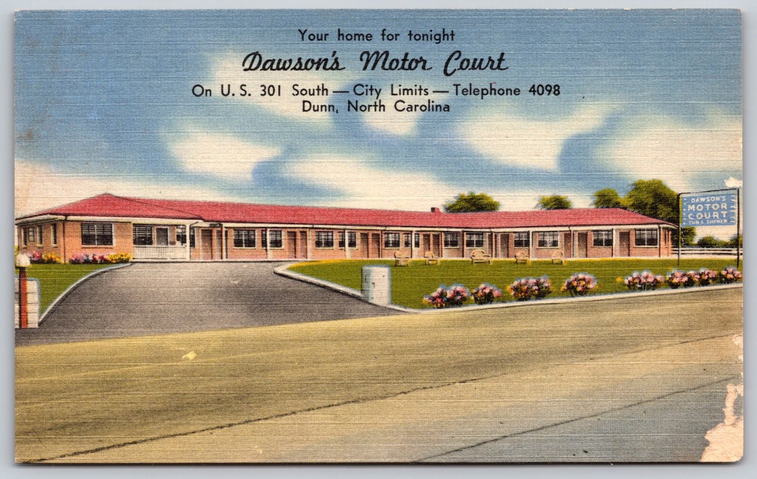 Dawson's Motor Court Dunn NC Linen Postcard US 301 Vintage Motel Roadside BB152