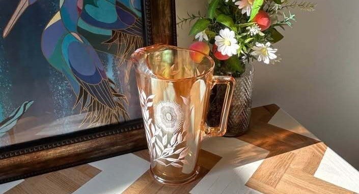 Vintage Amber Glass Pitcher with White Floral Design