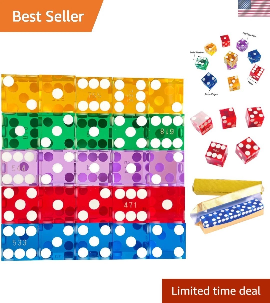 Casino Dice Set 25 Grade AAA 19mm Acrylic Multi-Color Serialized