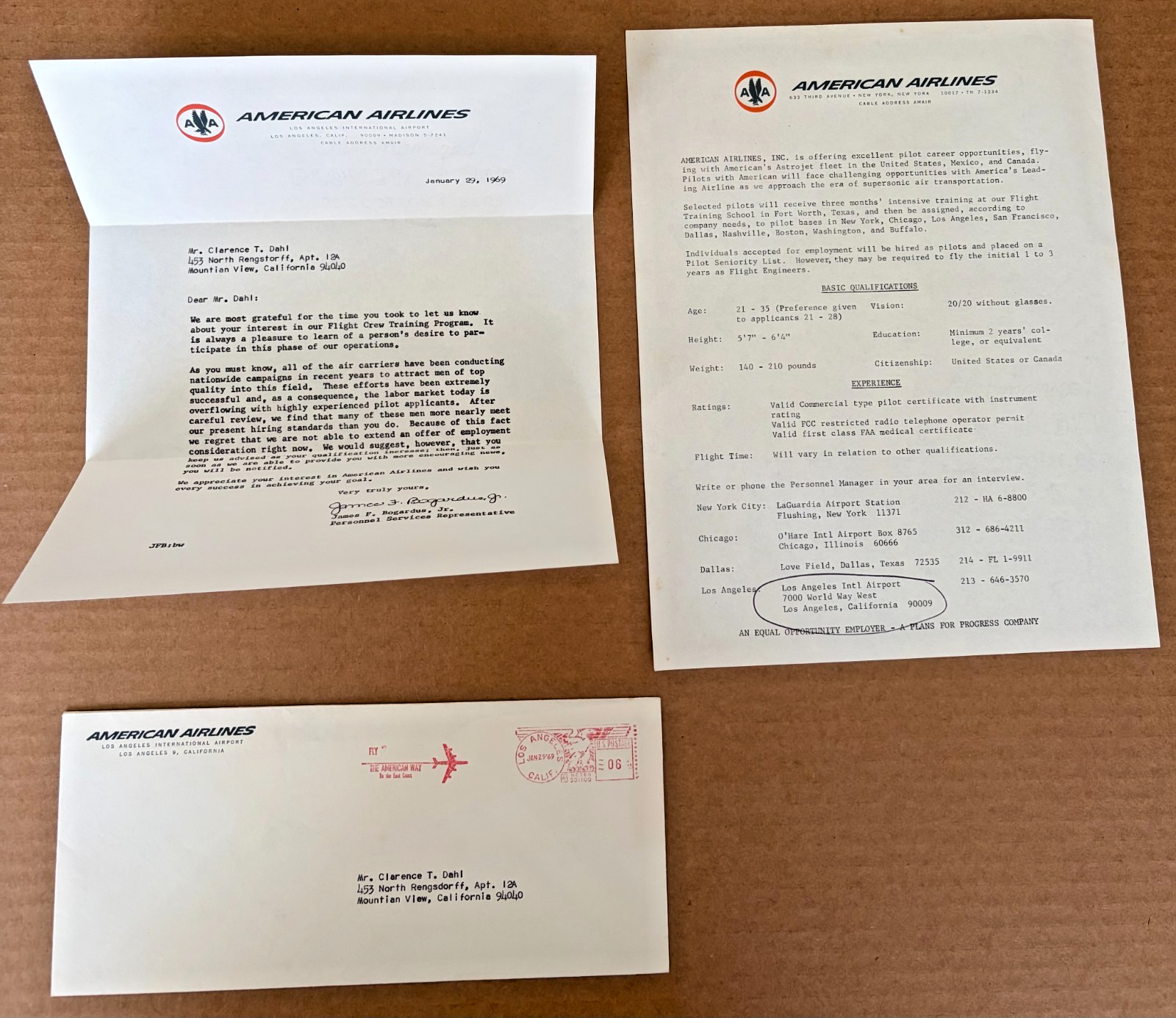 Vintage 1969 American Airlines Pilot Response Letter, Qualifications & Envelope