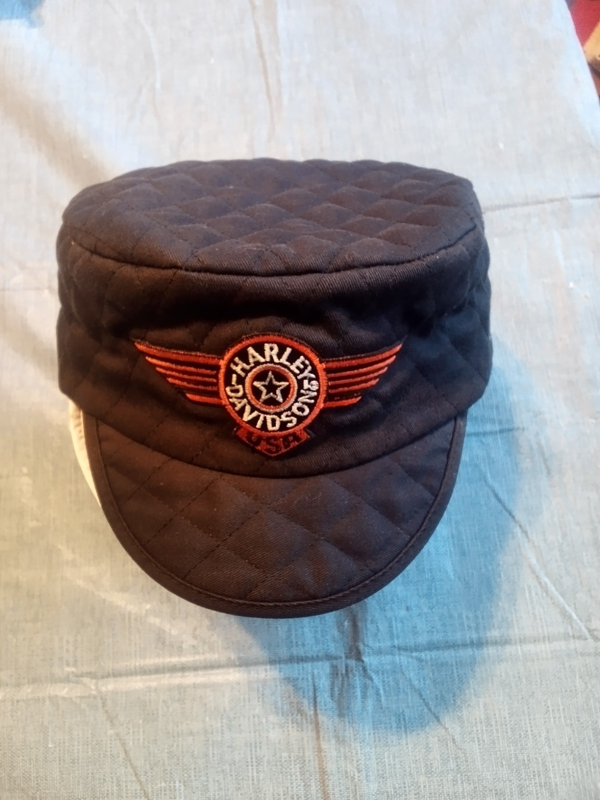 Vintage Harley-Davidson Quilted Black Cadet Hat Cap w/ Port Huron Michigan Pin
