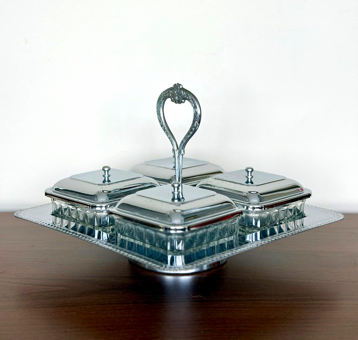 Vintage MCM Hollywood Regency Condiment Server 4 Glass Dishes Pedestal Tray