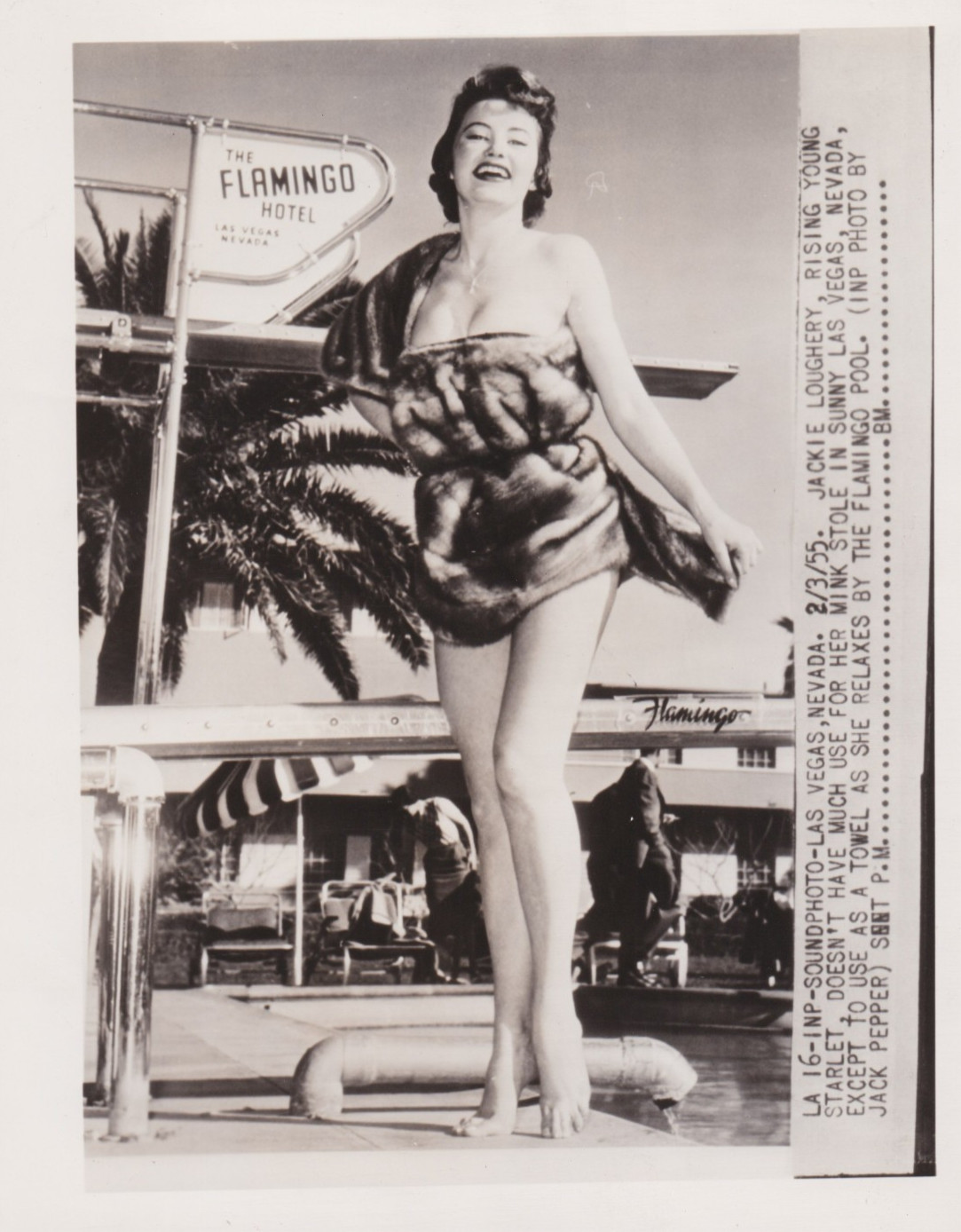 1957 Press Photo Leggy Actress Jackie Loughery Poses Almost Nude at Las Vegas
