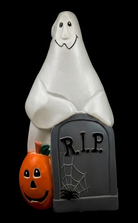 Vintage TPI Halloween RIP Ghost Pumpkin headstone Lighted Blow Mold Large 34”