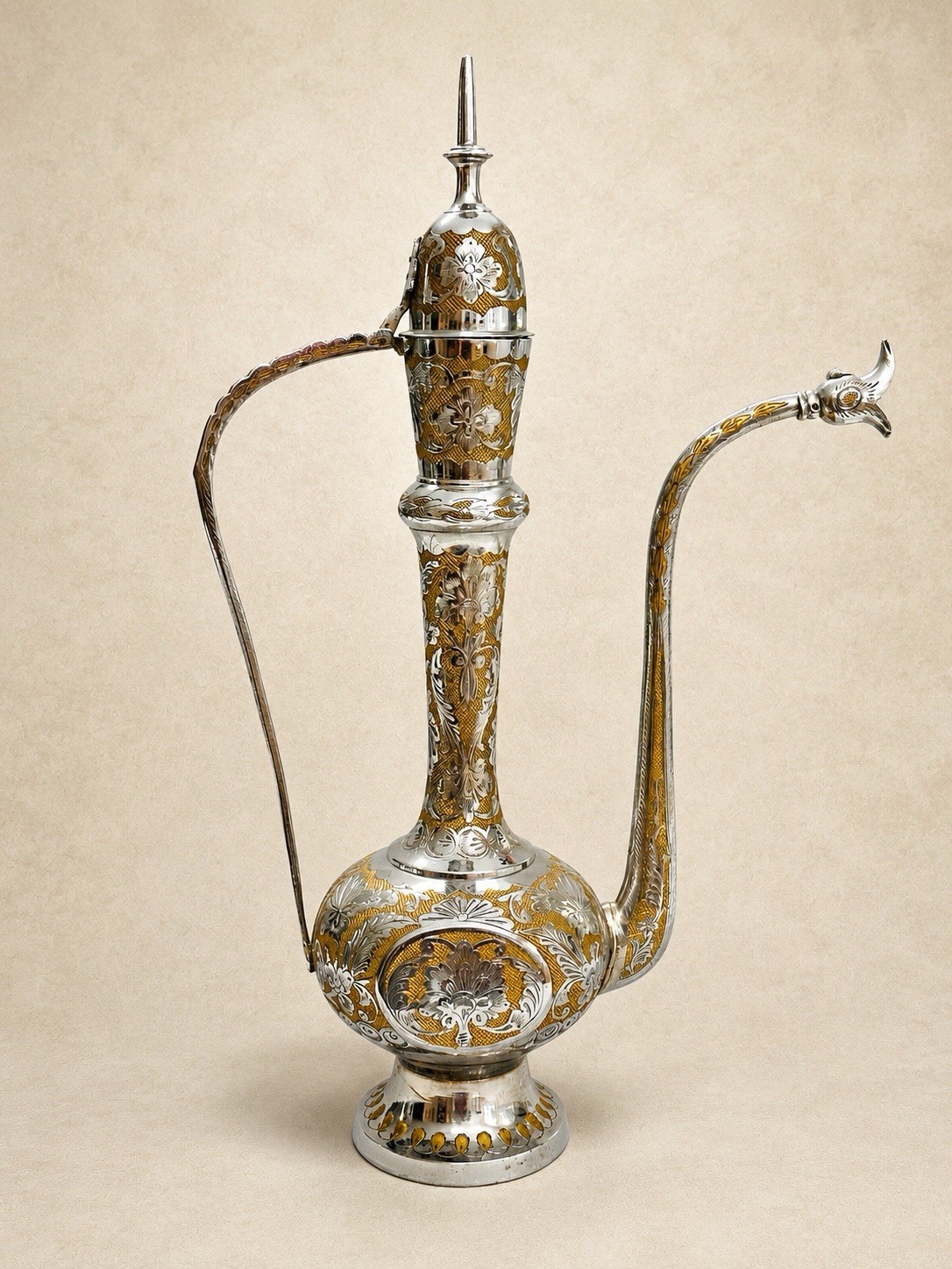 Vintage Indian Brass Ewer Aftaba Silver Tone Ornate Peacock Spout Pitcher