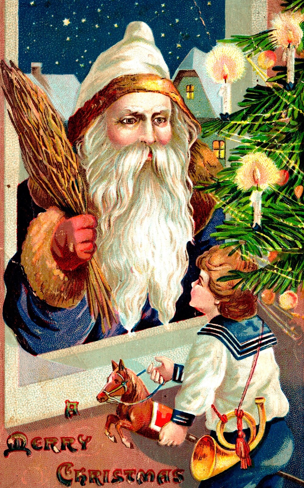 Blue & Gold Robe Santa Claus, Child, Tree,Toy Horse Embossed Christmas Postcard