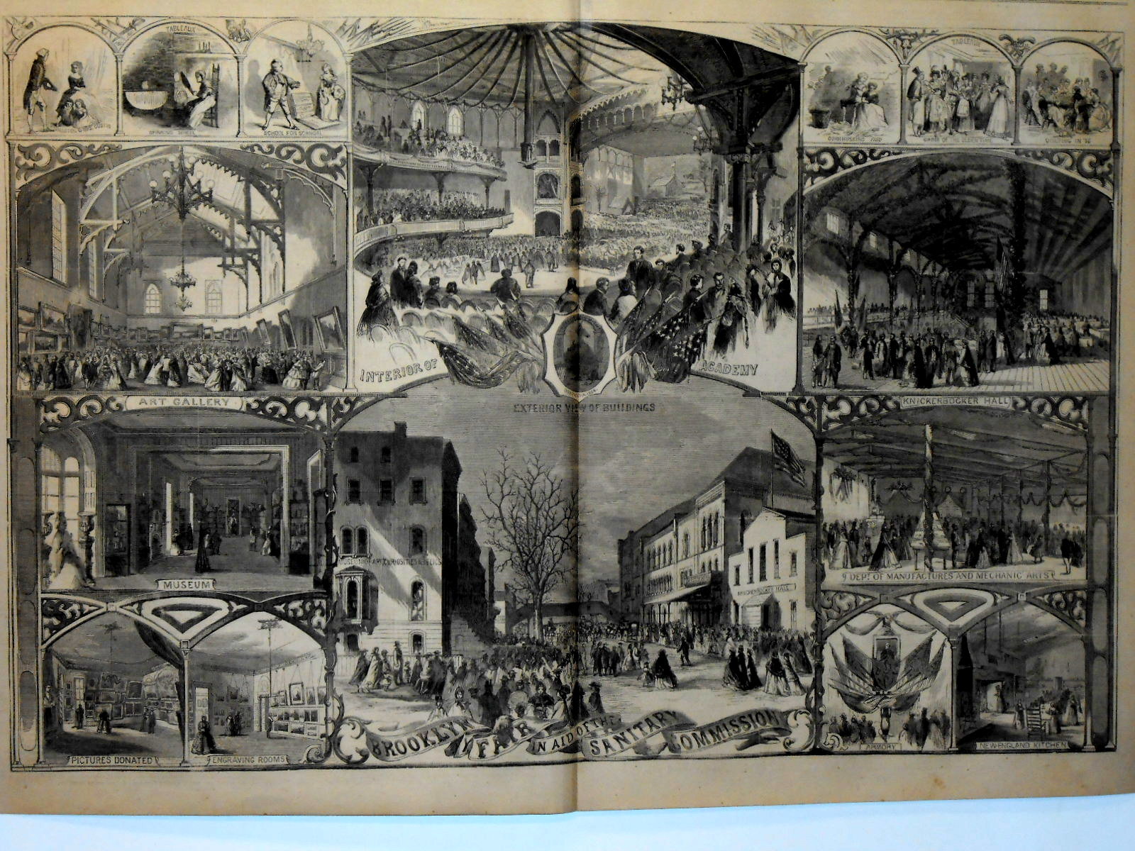 Harper's Weekly Double Page Engraving Civil War Brooklyn Sanitary Commission1864