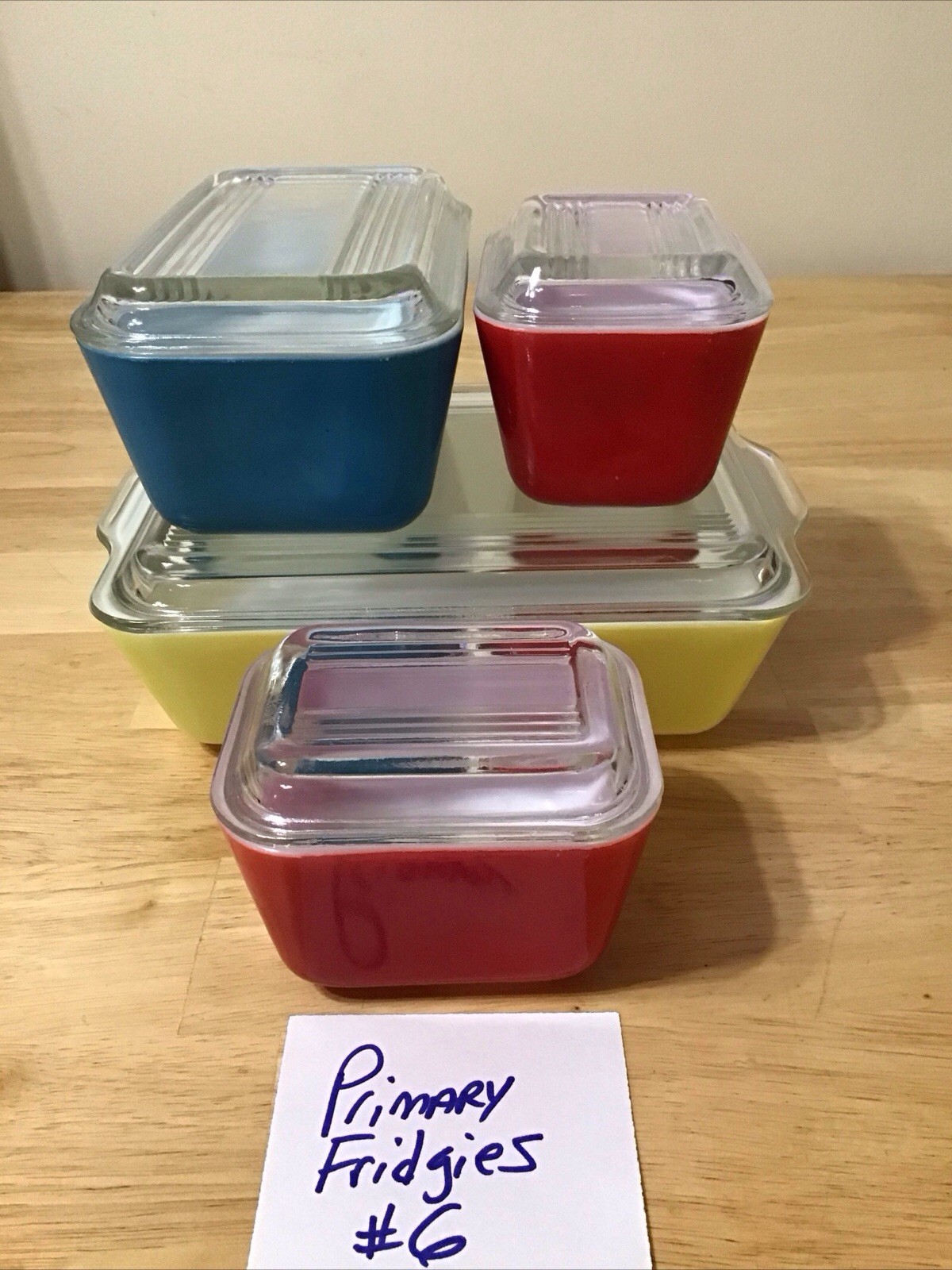 VTG PYREX 1940s Primary Colors Refrigerator Dishes 8pc SET W Lids COMPLETE MINTY