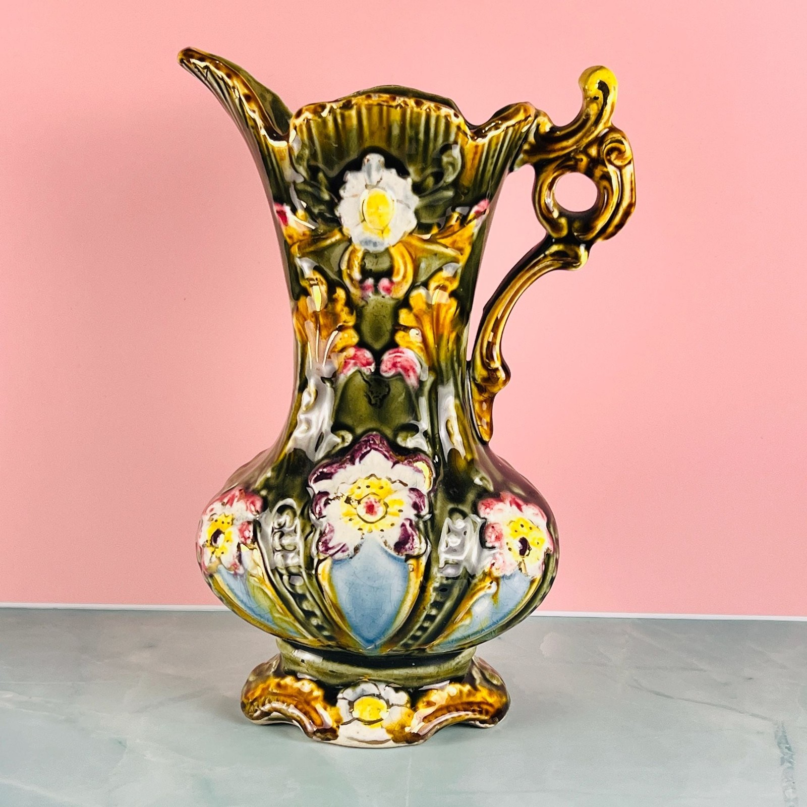 Antique Majolica Ewer Vase Green Floral Art Nouveau Handle