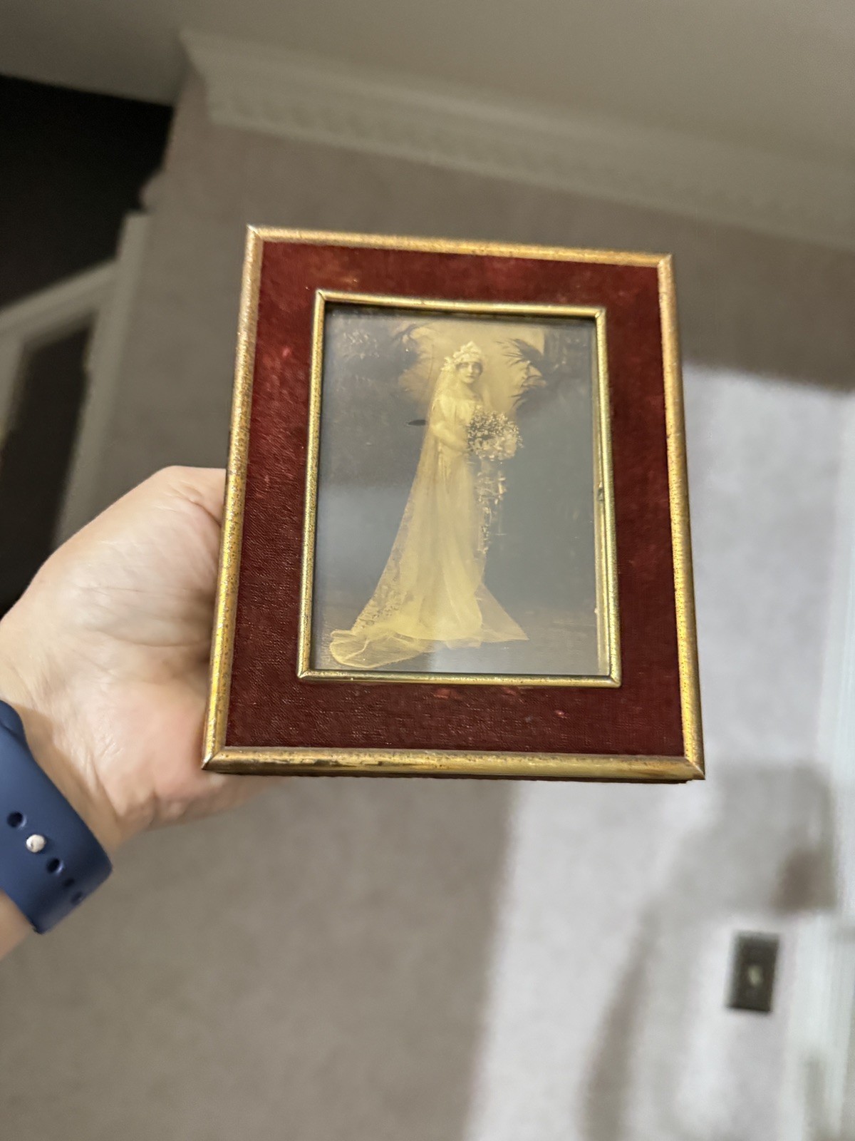 Antique Orotone Wedding Portrait in Velvet & Metal Frame + 2 Childhood Photos