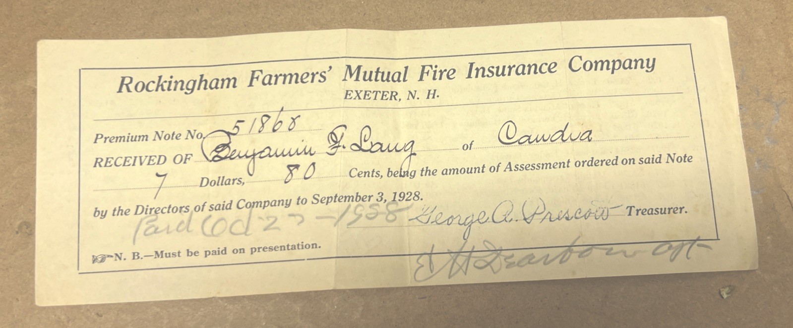 Antique 1928 Farmers Mutual Fire Insurance New Hampshire Assessment Receipt