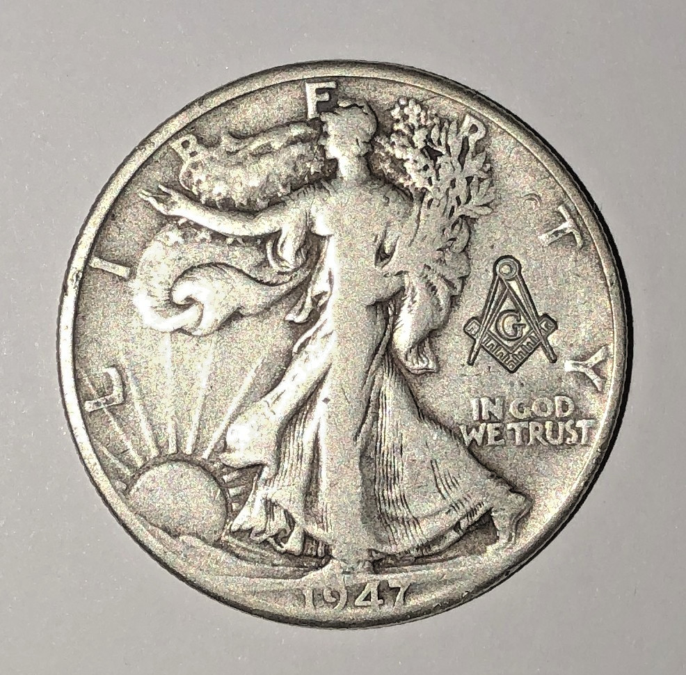 Masonic Square & Compass Stamped Free Mason Real 1947 Silver Liberty Half Dollar