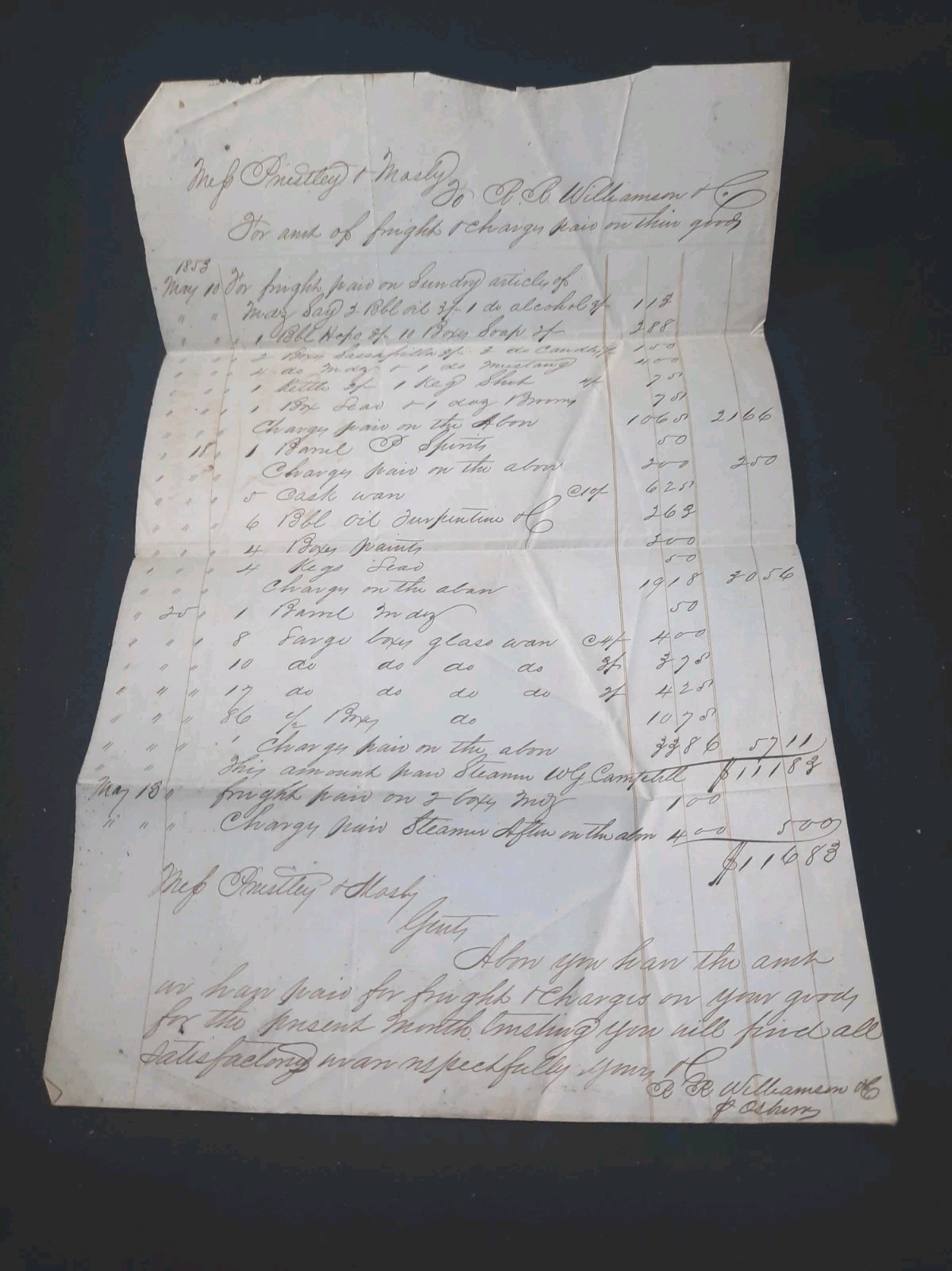 1853 Handwritten Shipping Invoice Letter – Steamer Wm. J. Campbell Maritime 