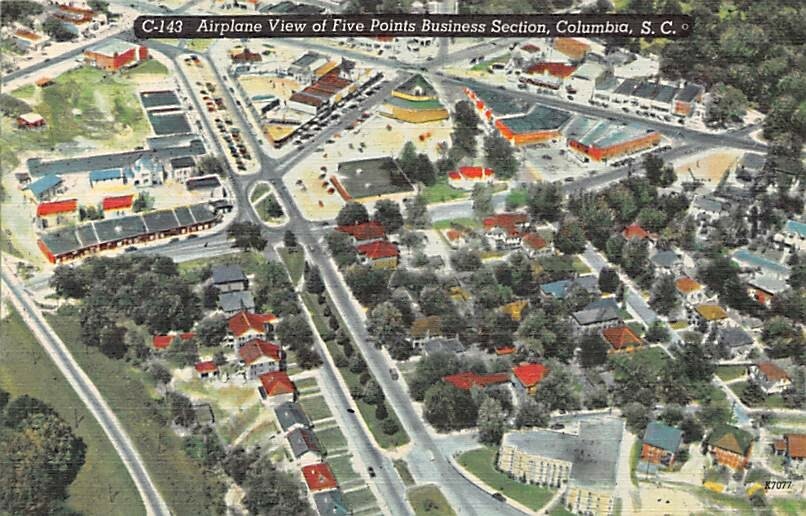 Postcard SC: Aerial View, Five Points, Columbia, South Carolina, Vintage Linen
