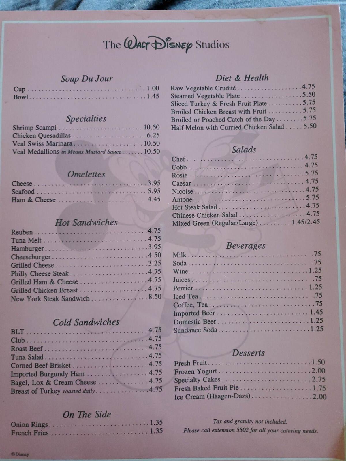 Walt Disney Studios  Dining Room Menu Mickey Mouse Burbank  1980s