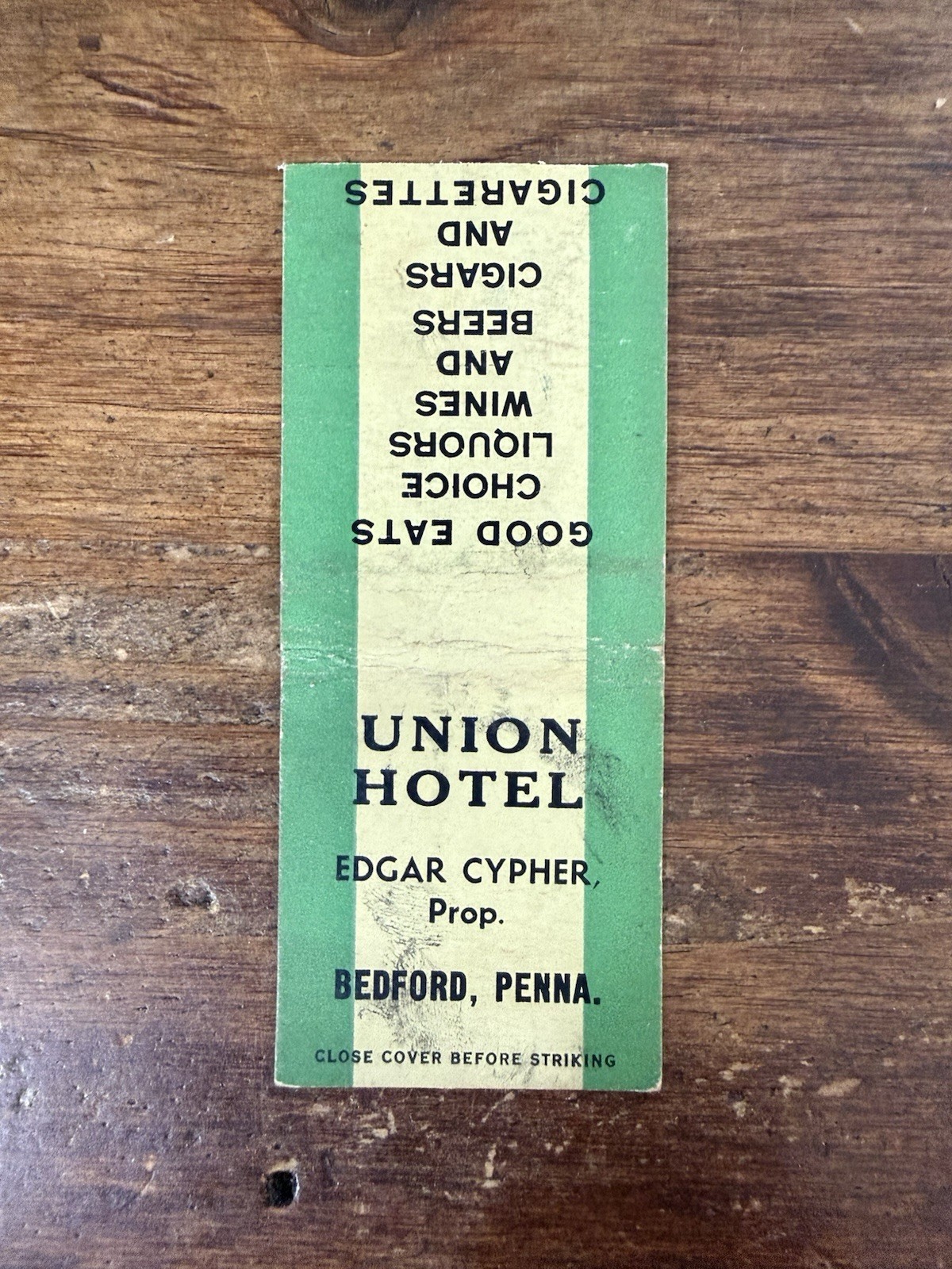 H1409 Union Hotel Restaurant Bedford Pennsylvania Vintage Matchbook Cover