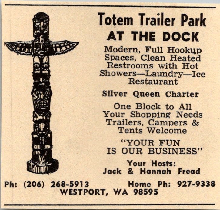 Totem Trailer Park At The Dock Jack & Hannah Fread Westport WA 1974 Ad TAK7-S9