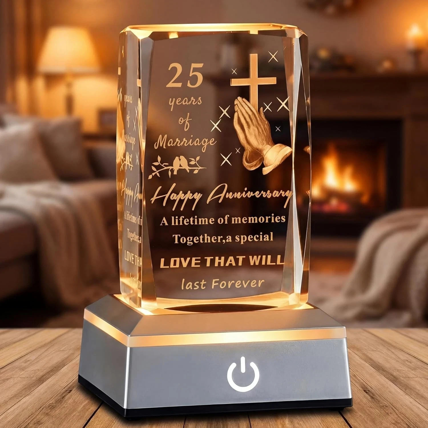 25th Wedding Anniversary Crystal Gift for Couples LED Base Laser Engraved 25th Wedding Anniversary Crystal Gift for Couples LED Base Laser Engraved
