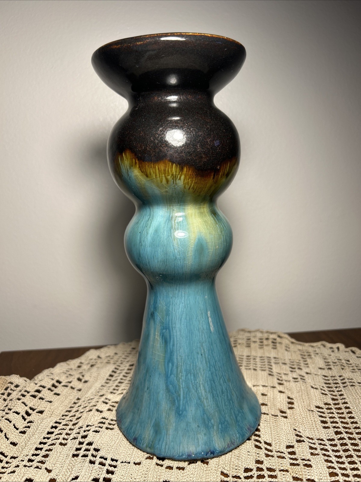 Vtg Pottery Hand Made Ceramic Glaze Pedestal Candle Holder 10\
