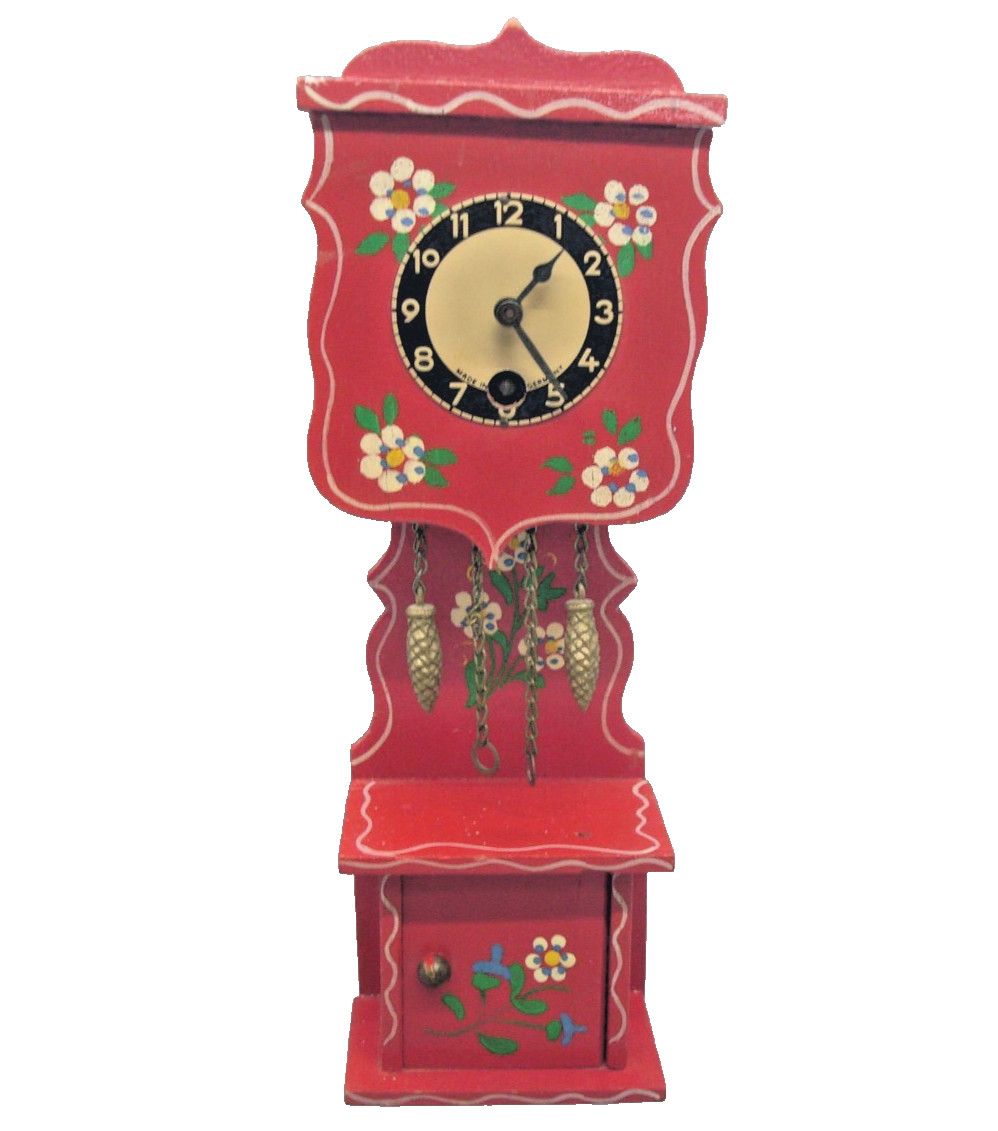 VTG Miniature Grandfather Clock Red Wood Painted No Pendulum Working 8\