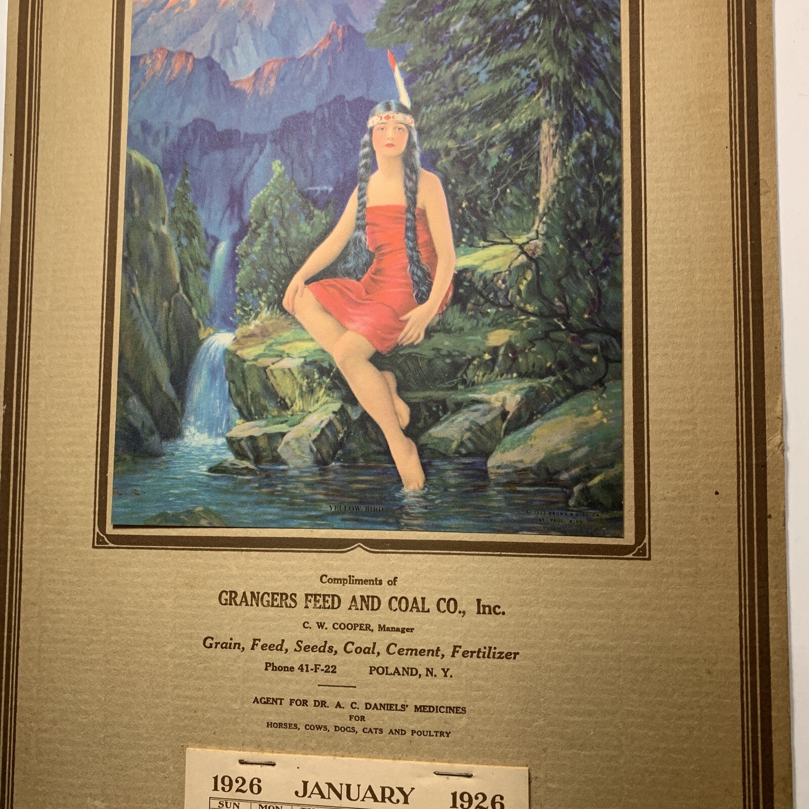 1926 Dr A C Daniels Calendar Sign Pretty Indian Maiden Poland New York Grangers