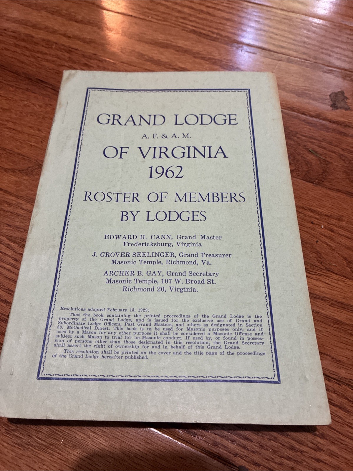 Grand Lodge Of Virginia 1962 Roster Of Members & Lodges Freemason