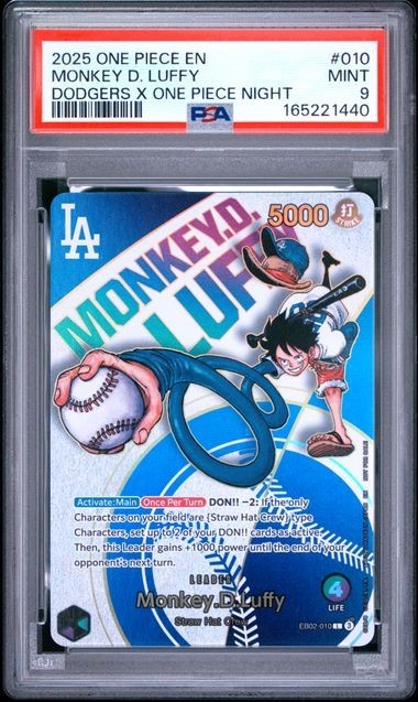 One Piece Monkey D. Luffy #010 Dodgers x One Piece Night EB02-010 Bandai PSA 9