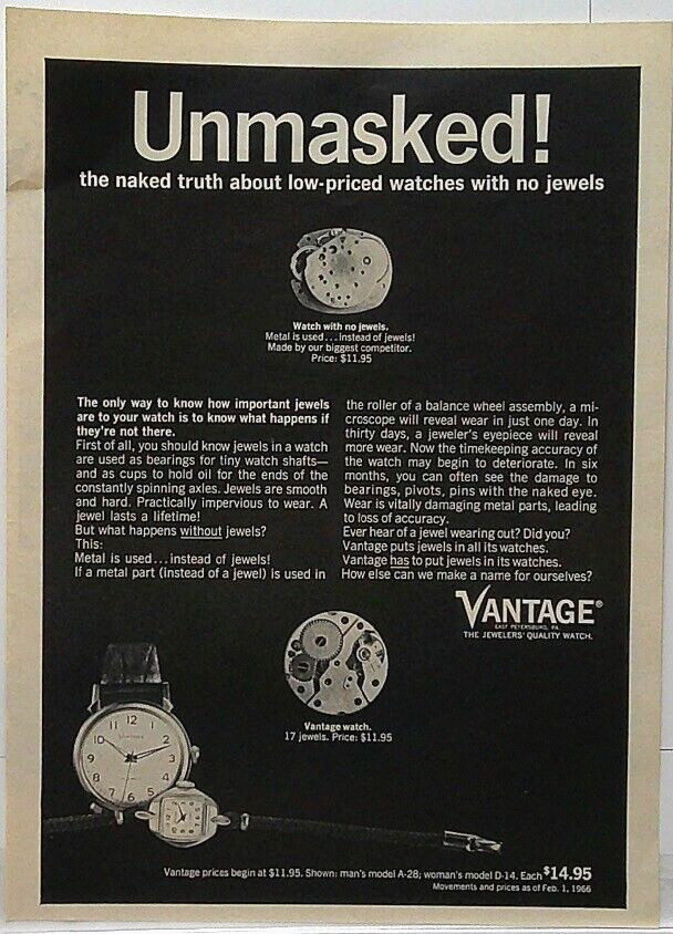 1966 Vantage Watches UNMASKED  the naked truth about low price watches Print Ad