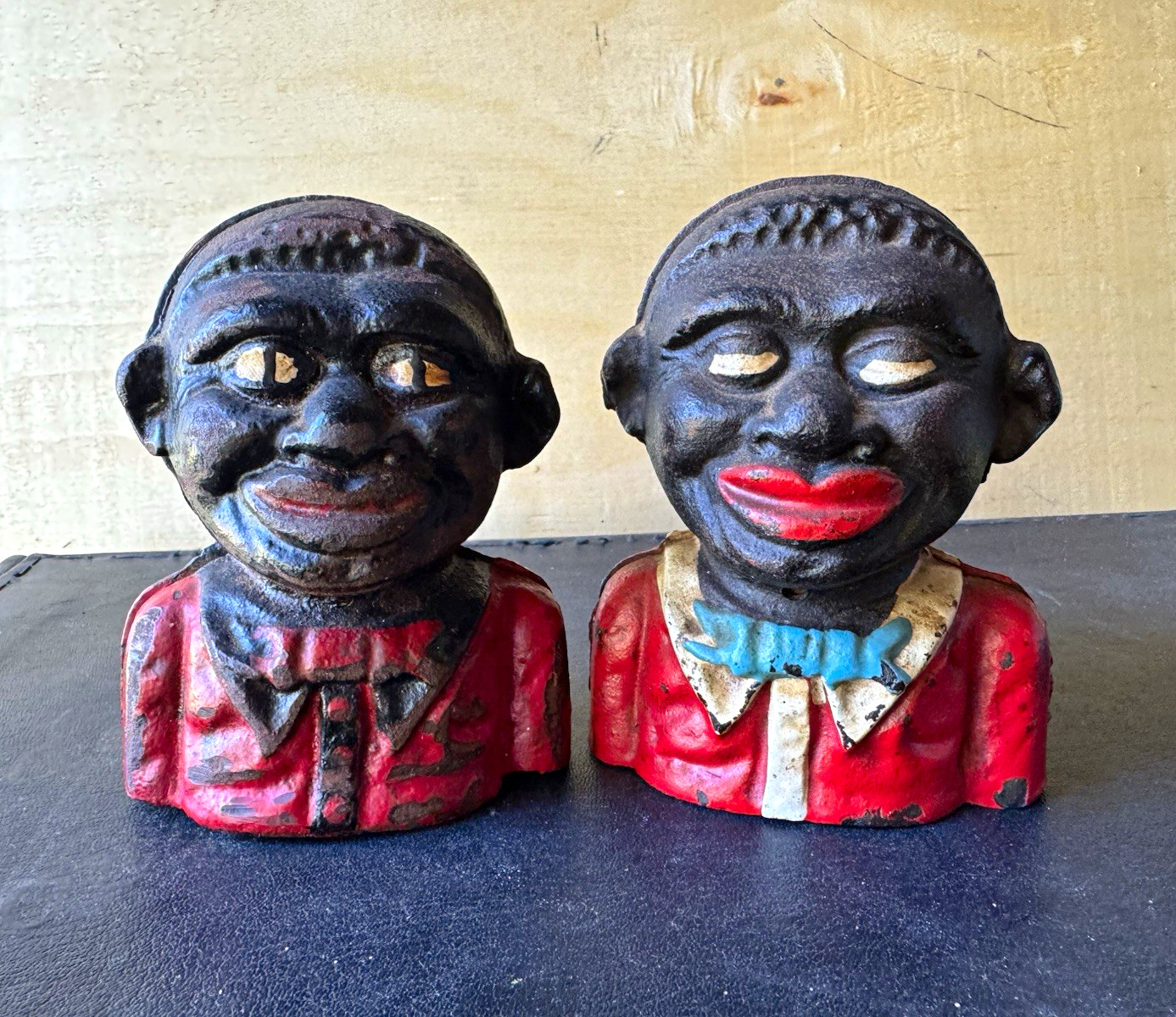 Vintage Pair Cast Iron Coin Banks Black & Red