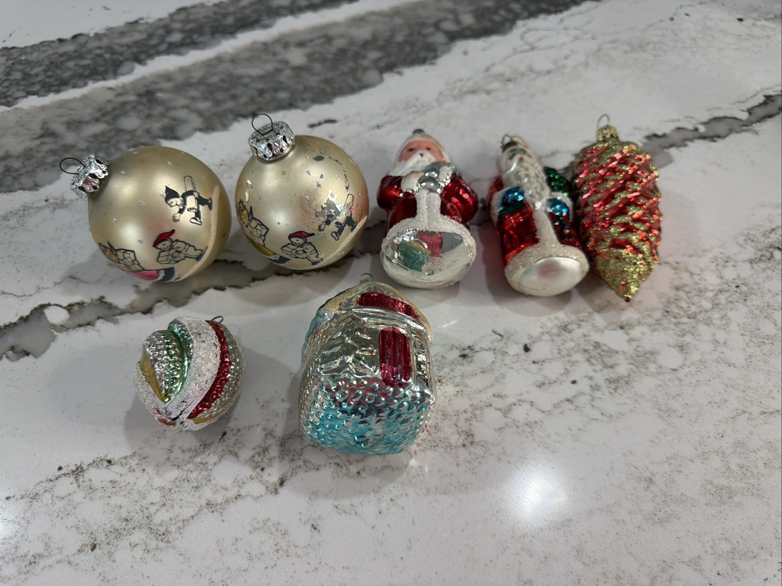 Lot of 7 Vintage Mercury Glass Christmas Ornaments House Pinecone Santa Germany 