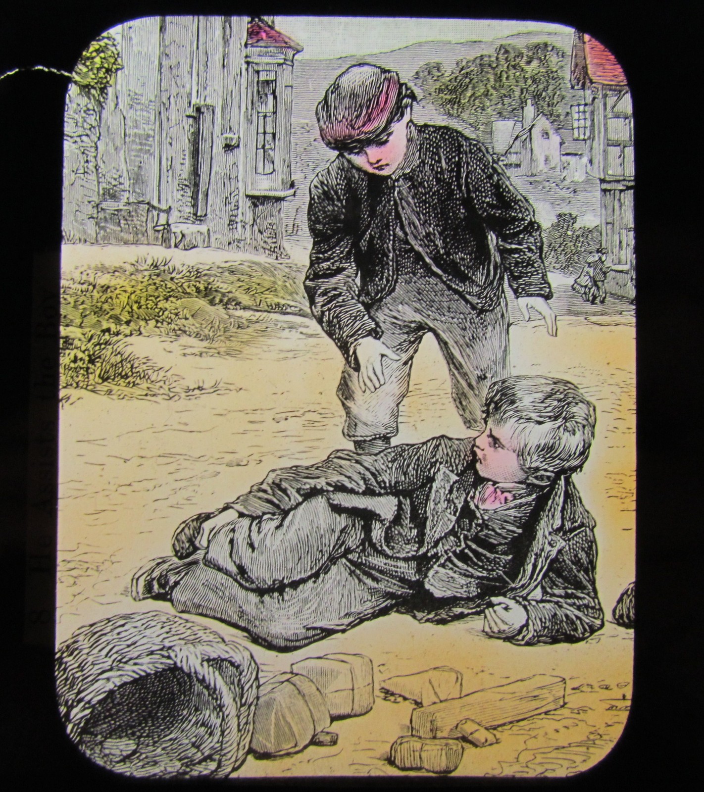 Glass Magic Lantern Slide EDWARDIAN BOY HELPING ANOTHER BOY C1910 