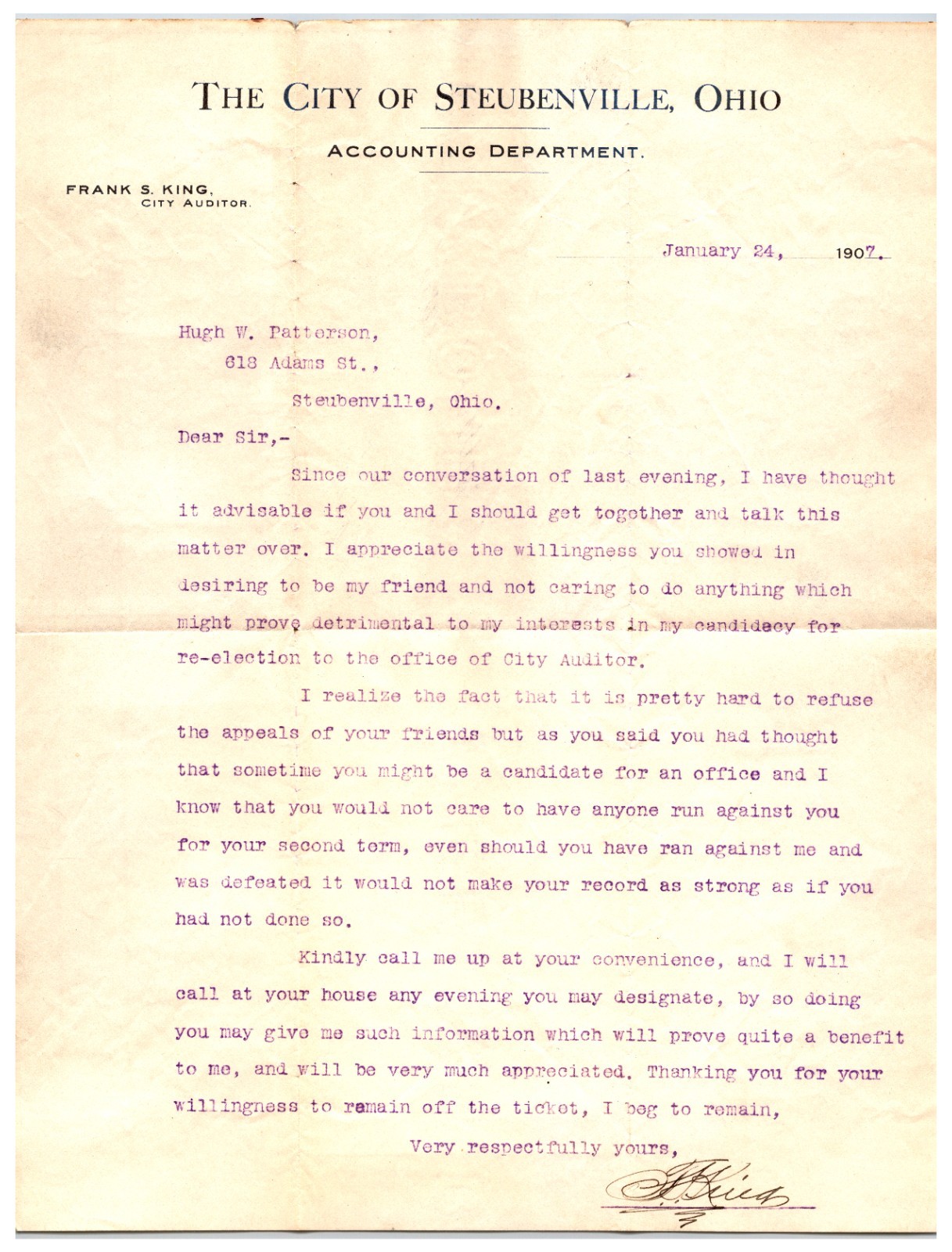 Original 1907 - The City of Steubenville, Ohio Accounting Department Letter