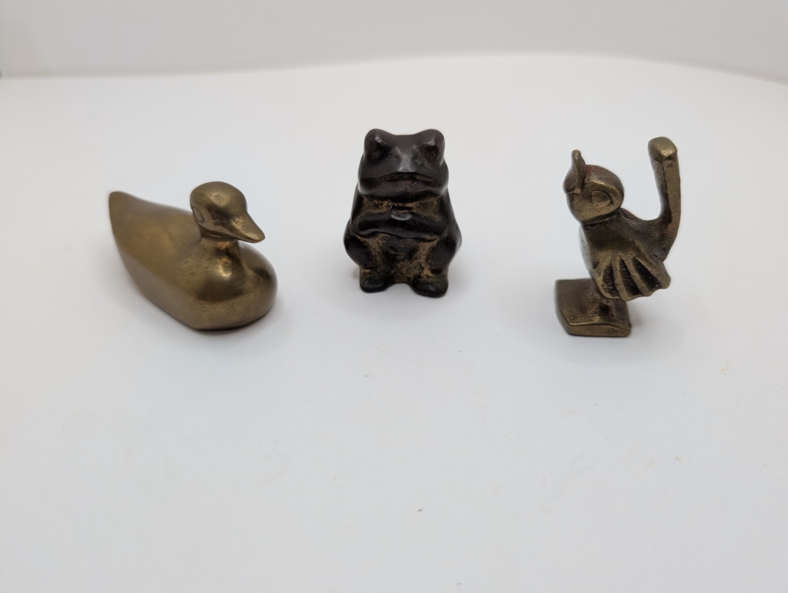 Vintage Miniature Solid Brass Animals: Duck, Frog, & Singing Bird Lot Of 3