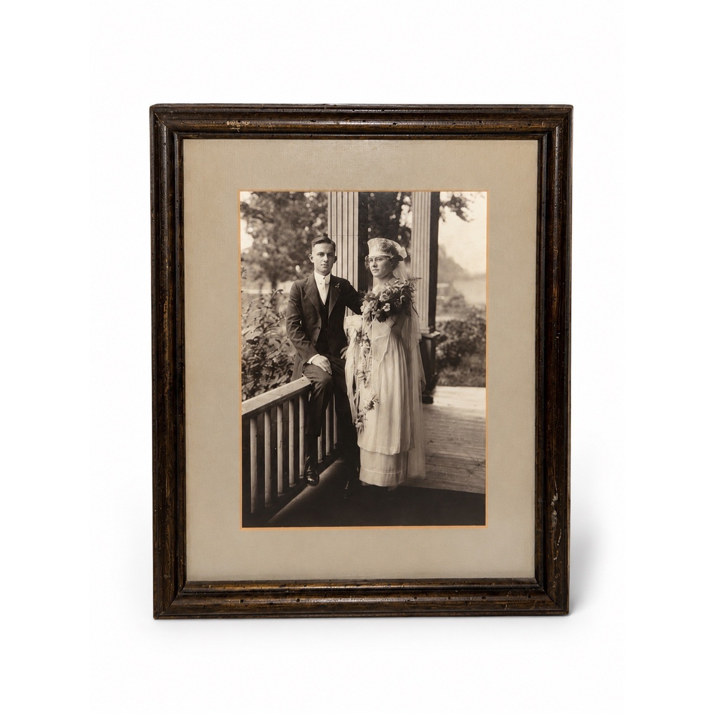 Antique Early 1900s Couple Photograph Vintage Wood Frame Edwardian Portrait