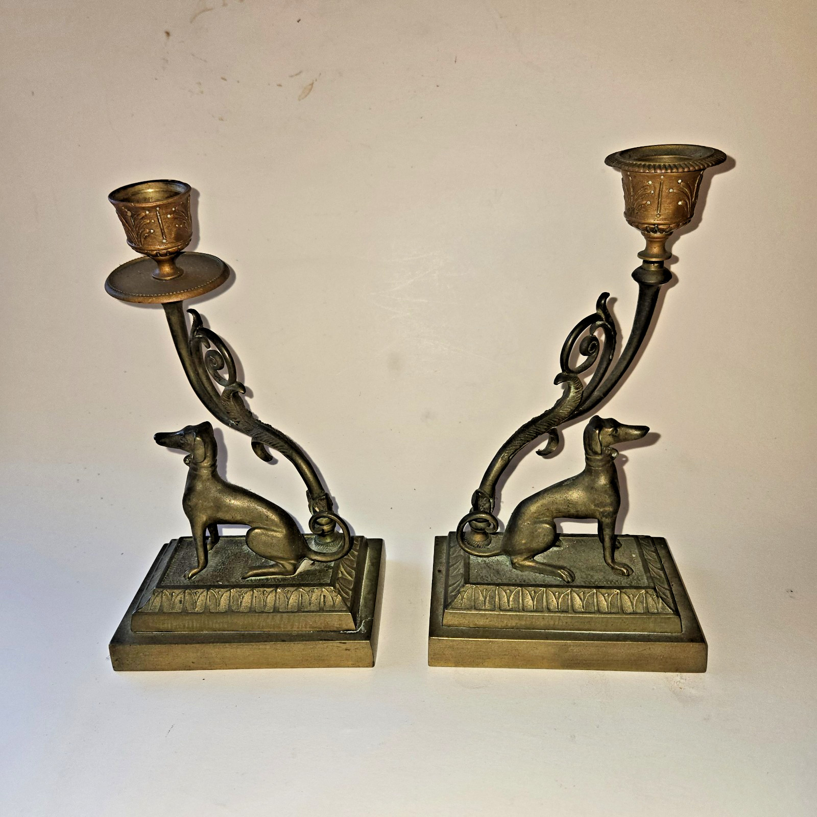 Vintage Brass Greyhound Whippet Candle Holders Pair Dog Figural Heavy