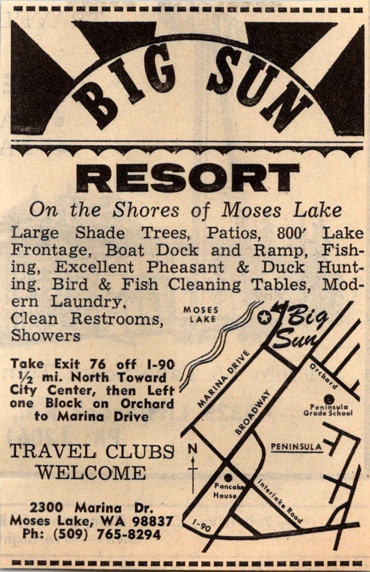 Big Sun Resort Shade Trees Patios Boat Dock Moses Lake WA 1974 Ad TAK6-S132
