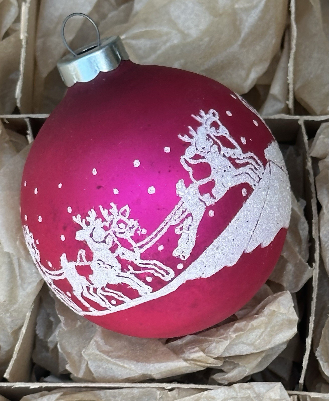 RARE VTG Franke USA Matte Pink Reindeer Sleigh Santa Snow Mica Stencil Ornament